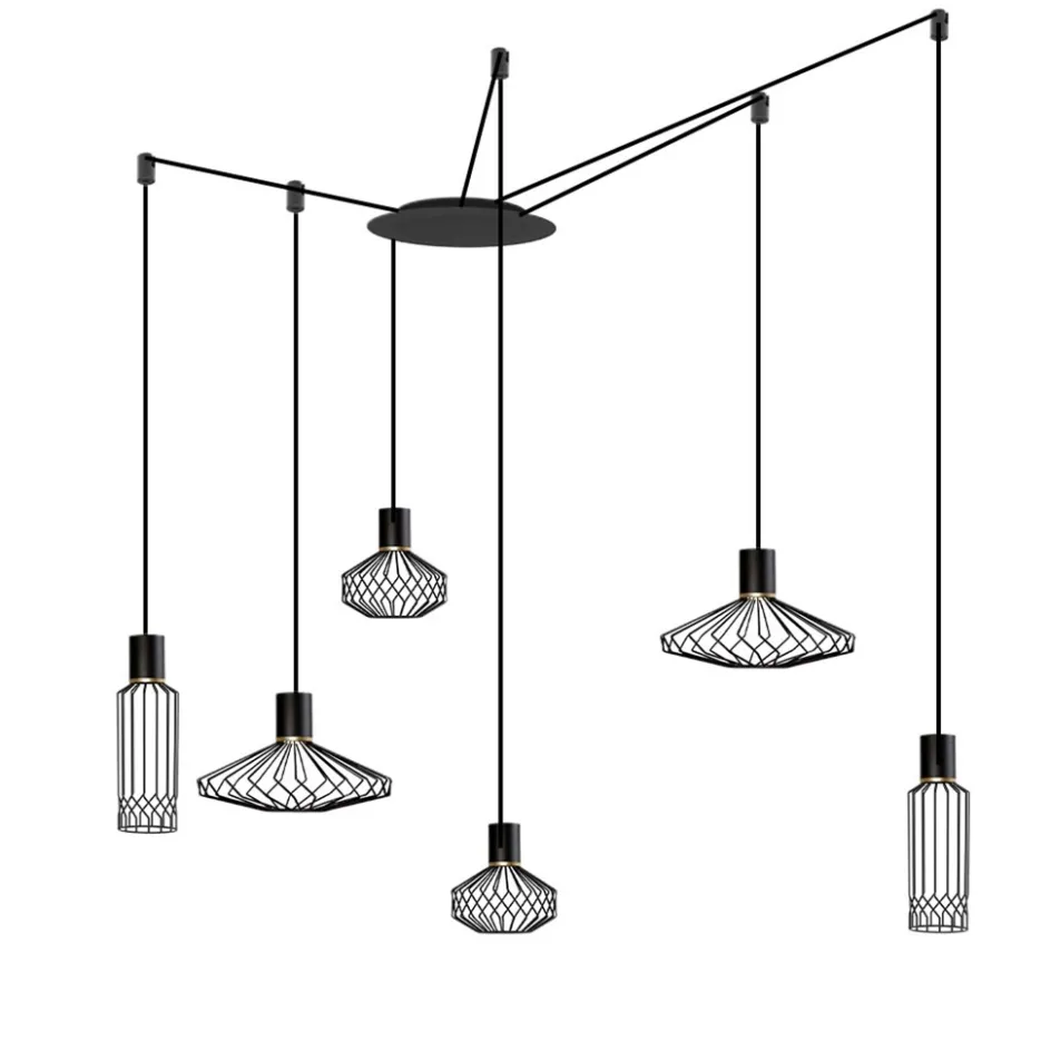 Samengestelde 6-lichts hanglamp spin met zwarte kappen>Straluma Online
