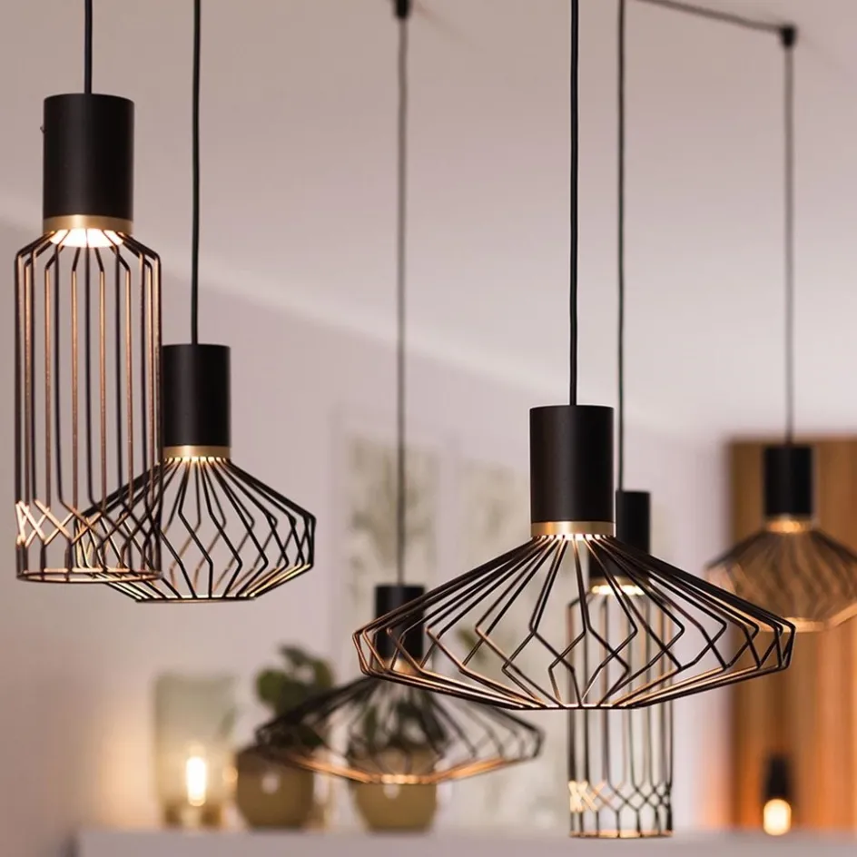 Samengestelde 6-lichts hanglamp spin met zwarte kappen>Straluma Online