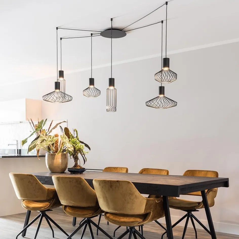 Samengestelde 6-lichts hanglamp spin met zwarte kappen>Straluma Online