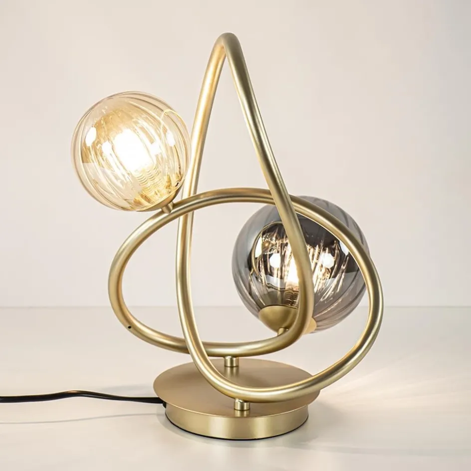 Sierlijke tafellamp goud met amber en smoke glas>Straluma Clearance