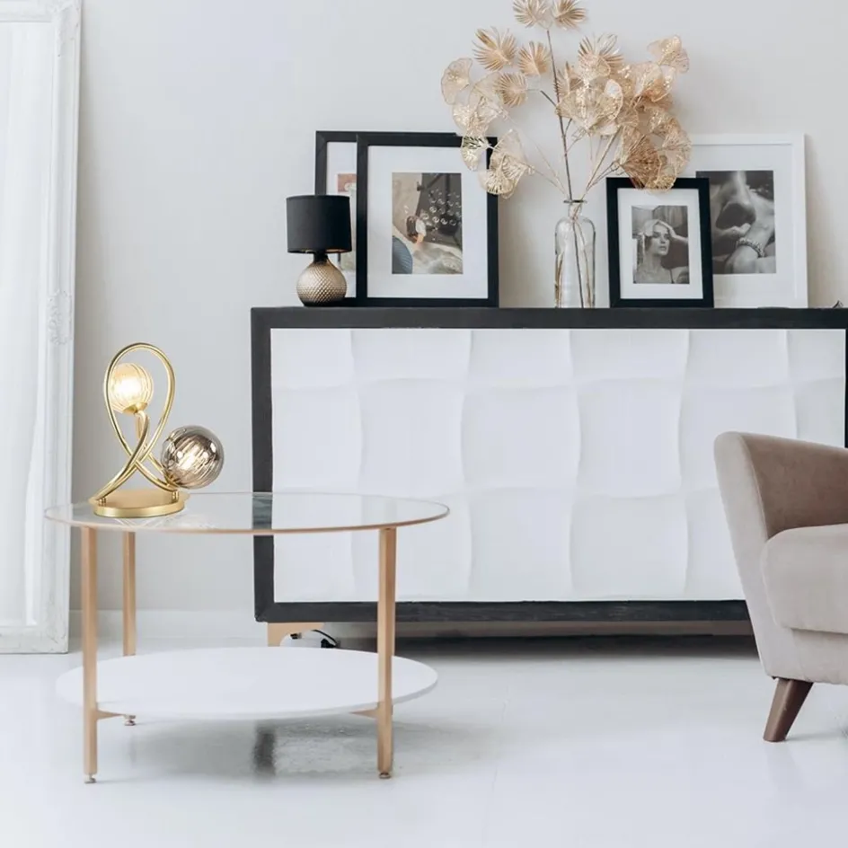 Sierlijke tafellamp goud met amber en smoke glas>Straluma Clearance