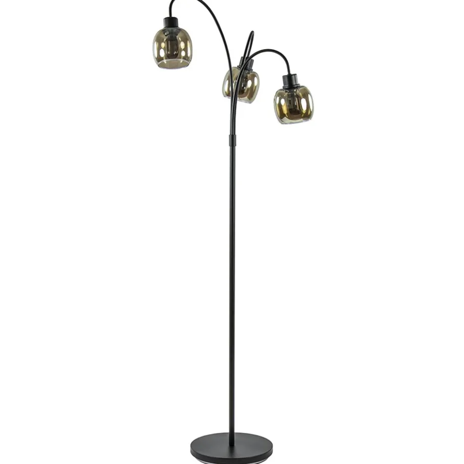 Sierlijke vloerlamp mat zwart met smoke glazen kappen>Straluma New