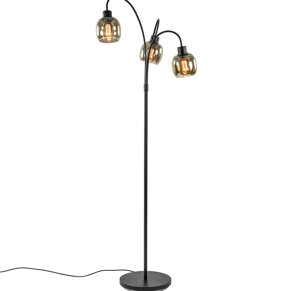 Sierlijke vloerlamp mat zwart met smoke glazen kappen>Straluma New