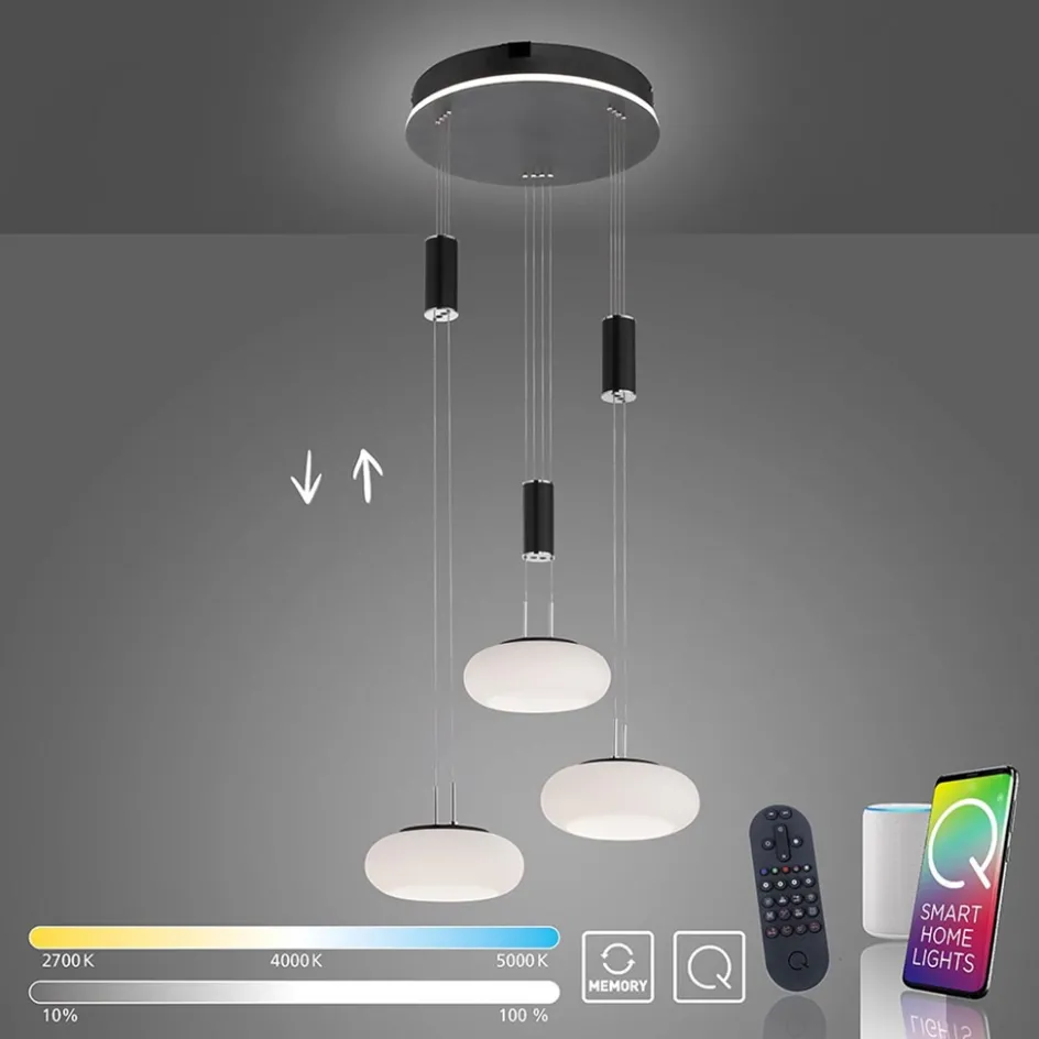 Smart hanglamp rond 3-lichts dimbaar zwart/opaal>Straluma