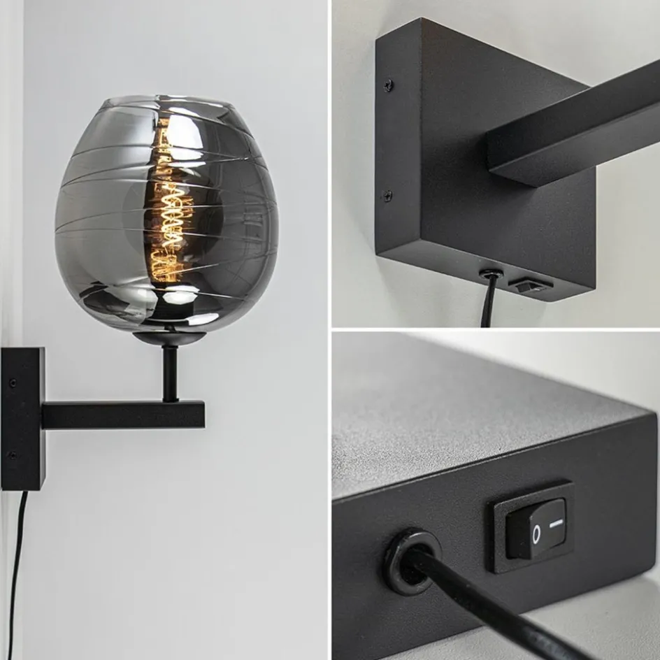 Smoke glazen wandlamp met zwart inclusief snoer>Straluma New