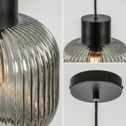 Stijlvolle hanglamp smoke glas geribbeld met zwart><noscript><img width=