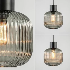 Stijlvolle hanglamp smoke glas geribbeld met zwart><noscript><img width=