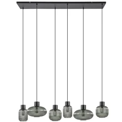 Stijlvolle 6-lichts eettafelhanglamp zwart met smoke glas>Straluma Clearance