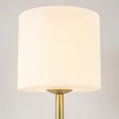 Stijlvolle tafellamp mat goud met wit glas><noscript><img width=