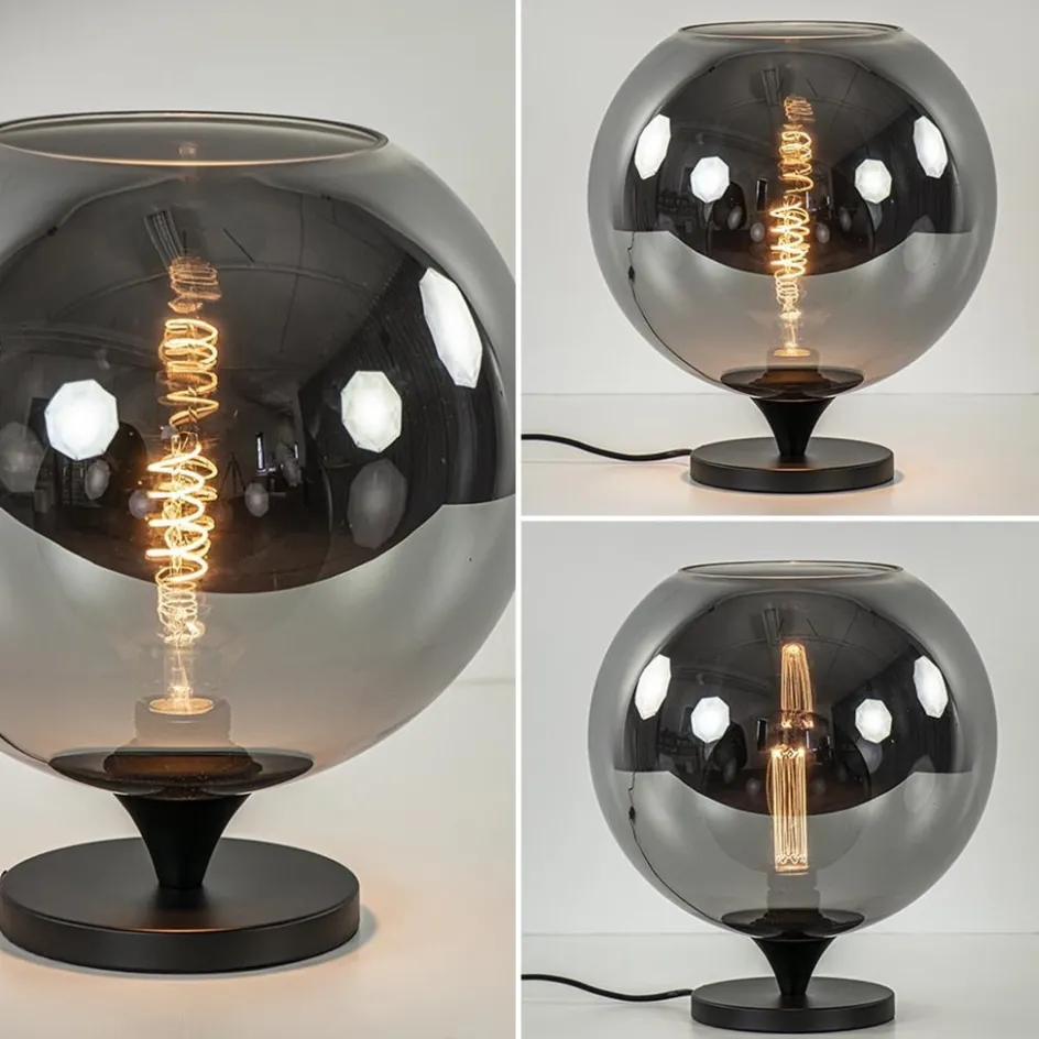 Stijlvolle tafellamp zwart met smoke/titanium glazen bol>Straluma Hot