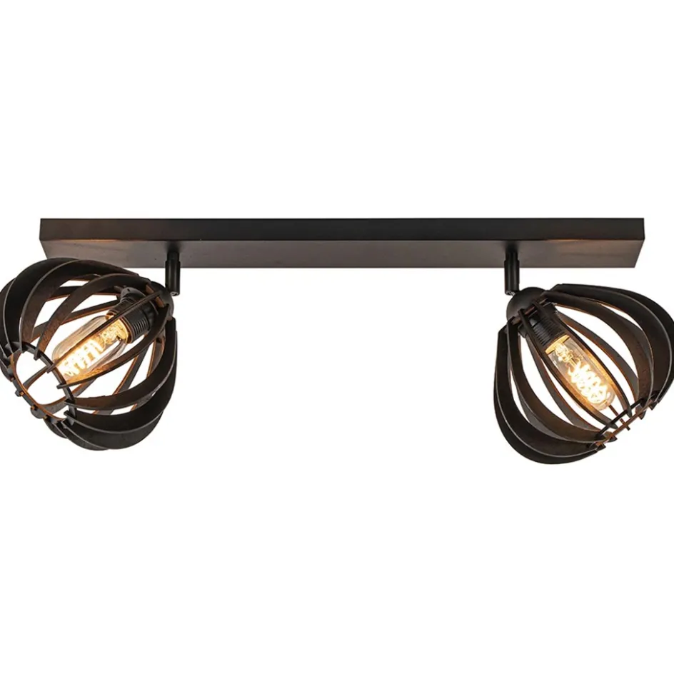 Stoere 2-lichts plafondlamp met houten kappen zwart>Straluma