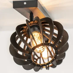 Stoere 2-lichts plafondlamp met houten kappen zwart><noscript><img width=