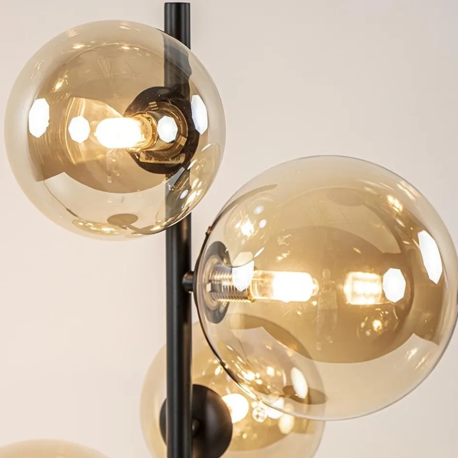 Strak klassieke tafellamp zwart met amber glas>Straluma Online