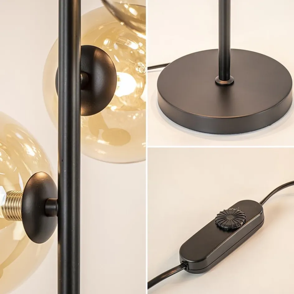 Strak klassieke tafellamp zwart met amber glas>Straluma Online