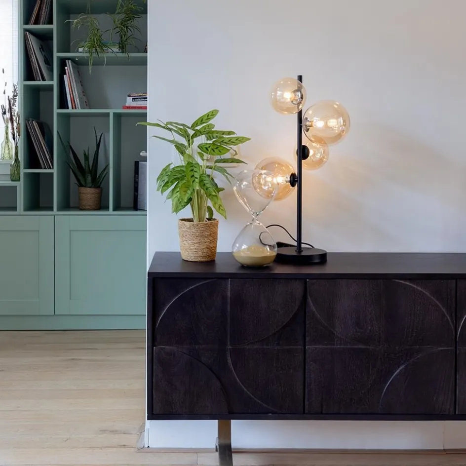 Strak klassieke tafellamp zwart met amber glas>Straluma Online