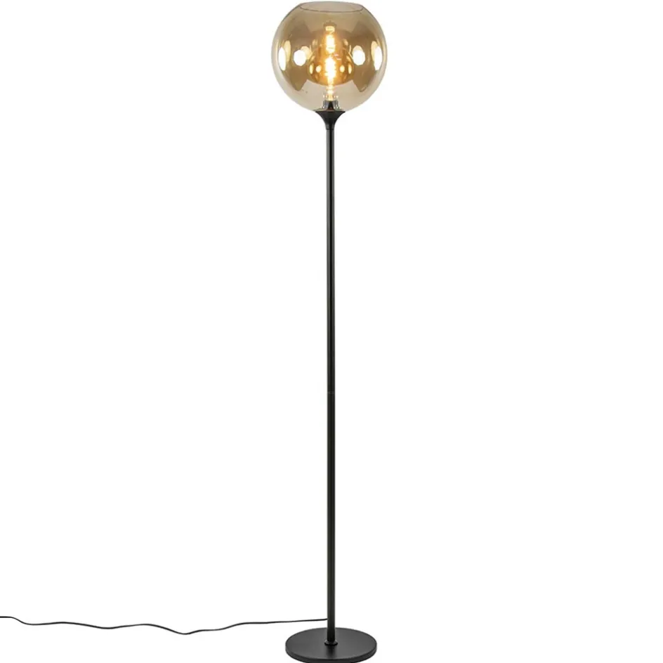 Strak klassieke vloerlamp zwart met amber glas 30 cm>Straluma New