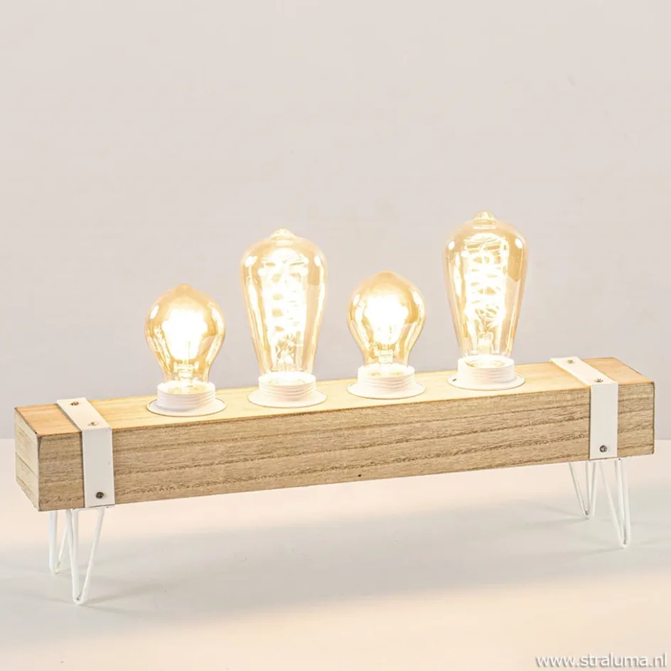 Tafellamp houten balk met witte pootjes 4-lichts exclusief lichtbron>Straluma Discount
