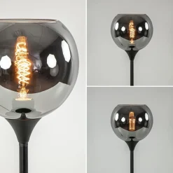 Tafellamp mat zwart met 20 cm smoke glazen bol><noscript><img width=