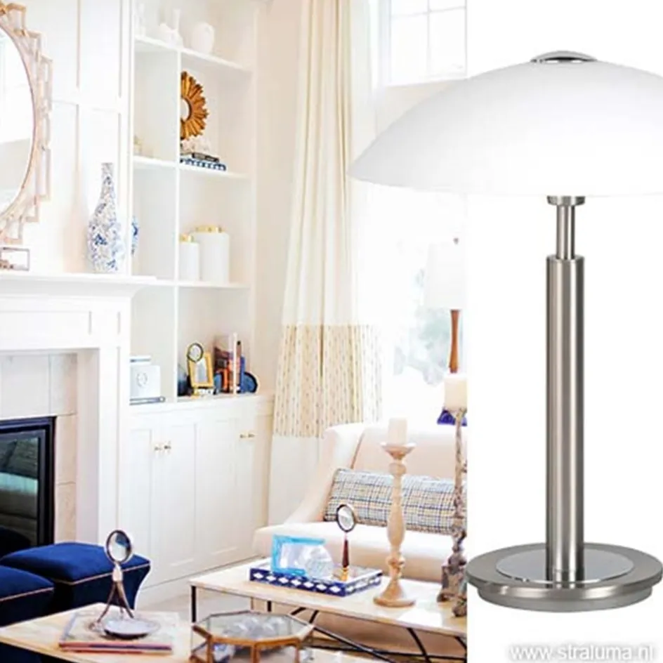 Tafellamp nikkel/glas wit + touchdimmer>Straluma Outlet