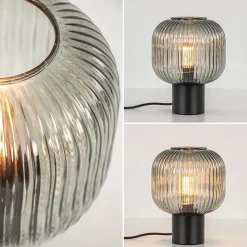 Tafellamp zwart met ronde smoke glazen kap><noscript><img width=