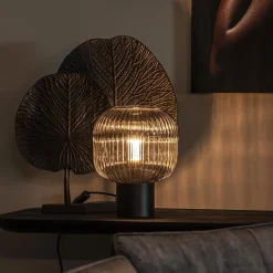 Tafellamp zwart met ronde smoke glazen kap><noscript><img width=