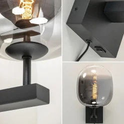 Trendy wandlamp zwart met smoke glazen kap en snoer><noscript><img width=
