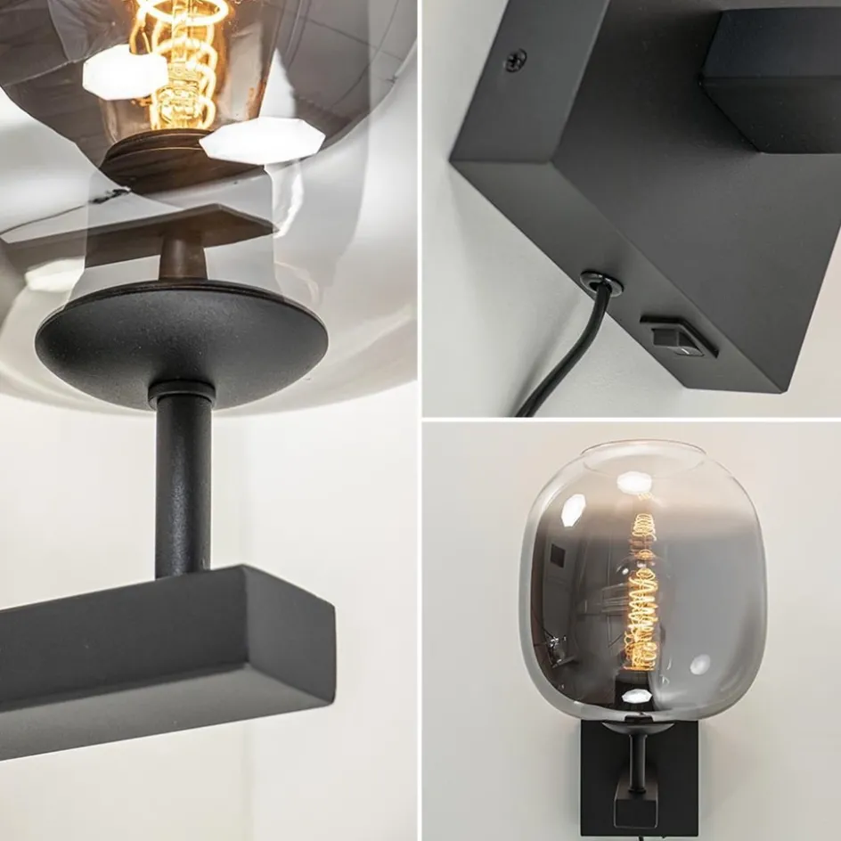 Trendy wandlamp zwart met smoke glazen kap en snoer>Straluma Clearance
