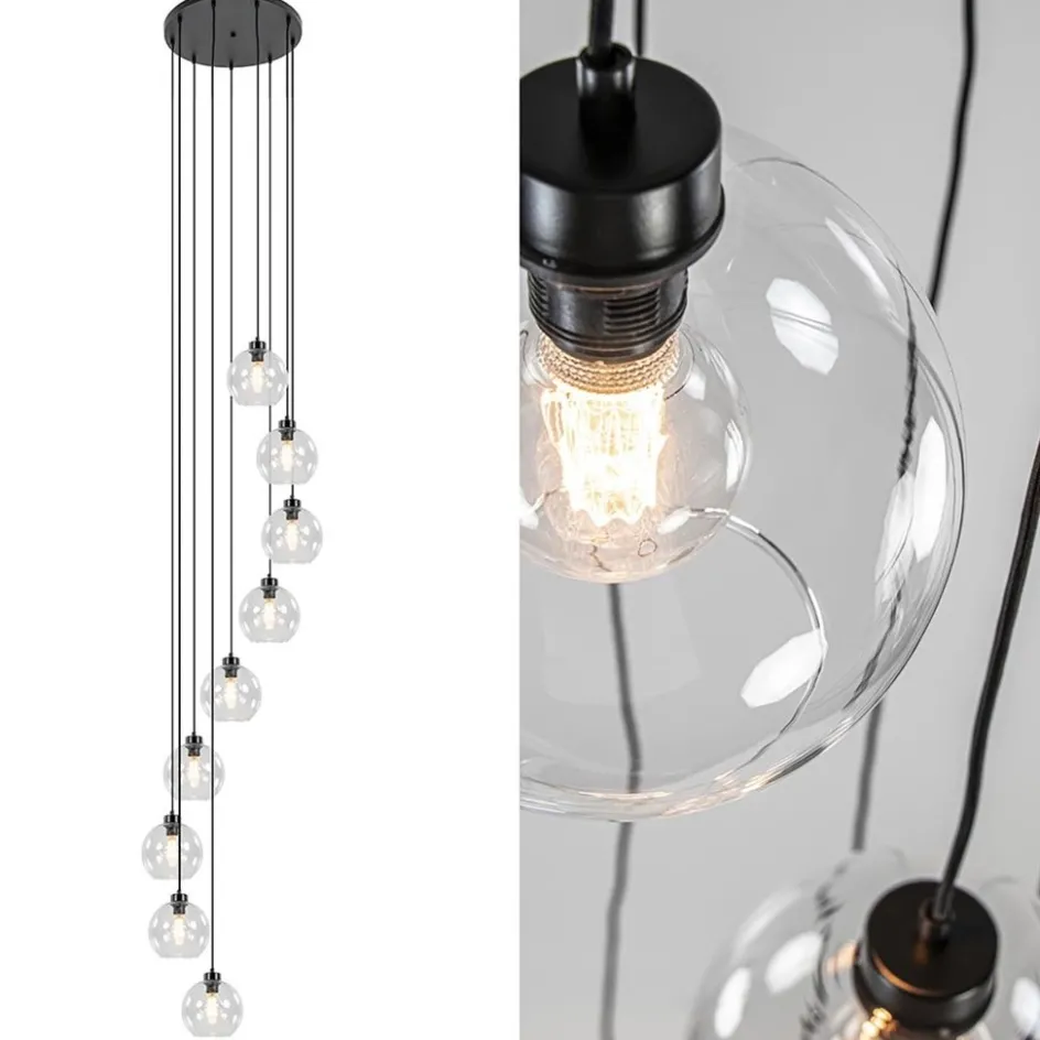 Videlamp / multipendel 9L zwart helder bolglas>Straluma Discount