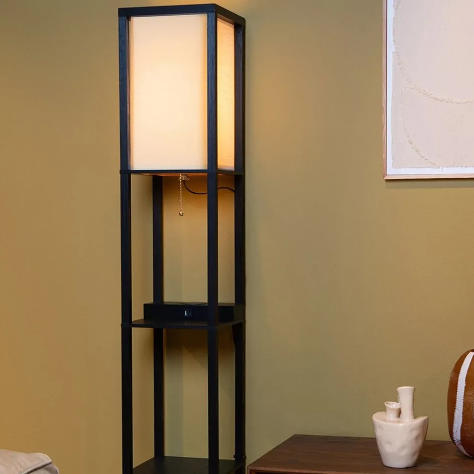 Vierkante vloerlamp zwart met beige kap en oplaadplatform>Straluma New