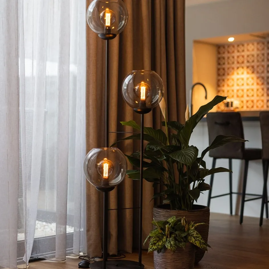 Vloerlamp 3-L zwart met bolglas smoke>Straluma Clearance