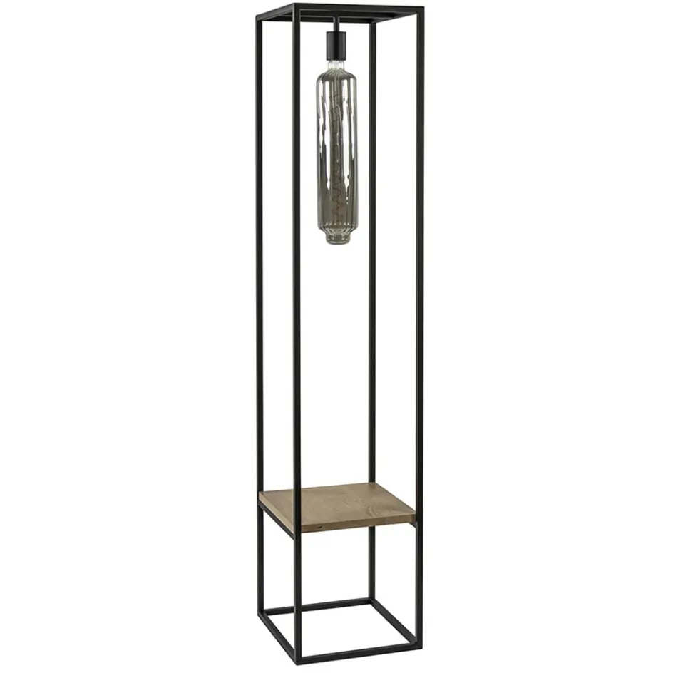 Vloerlamp zwart frame met houten plank>Straluma