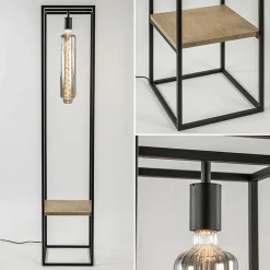Vloerlamp zwart frame met houten plank><noscript><img width=