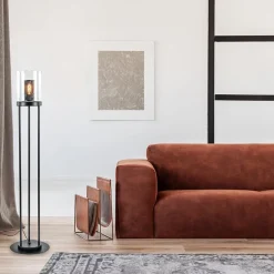 Zwarte vloerlamp met cilinder kap helder glas><noscript><img width=